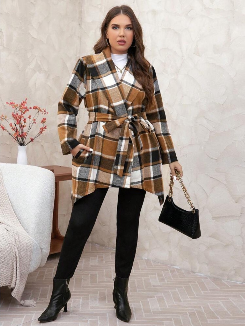 SHEIN Brown Black White Plaid Belted Pea Coat